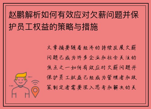 赵鹏解析如何有效应对欠薪问题并保护员工权益的策略与措施